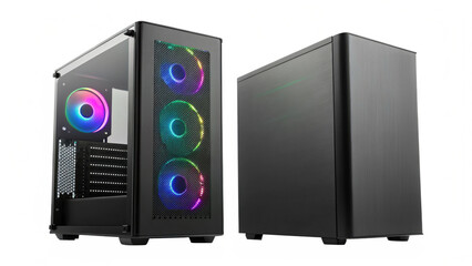 Two views of a modern black computer case with rgb fan lighting isolated on transparent background