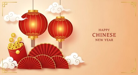 Festive chinese new year illustration featuring traditional red lanterns, elegant fans, lucky gold coins, and auspicious clouds on a warm background