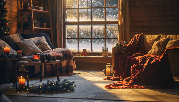 Cozy winter cabin living room with candlelit warmth and rustic decor - Powered by Adobe