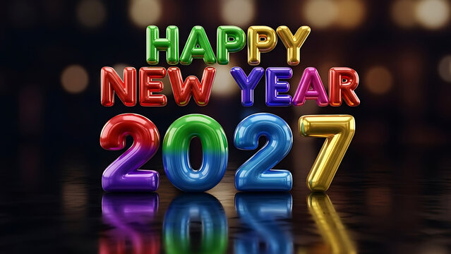 Happy New Year 2027 in colorful 3D balloon letters and numbers reflecting on a dark festive background.