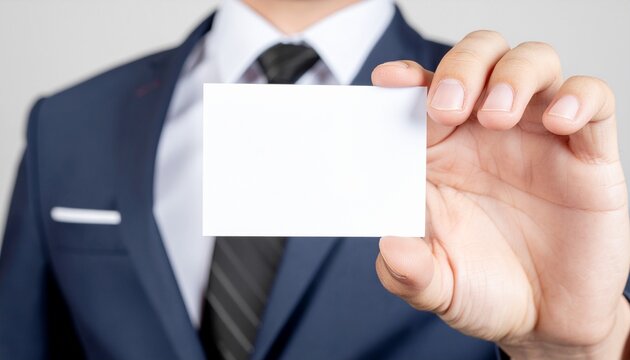 Business Card Presentation: A professional, formally dressed individual presents a blank business card, symbolizing networking, corporate identity, and potential.