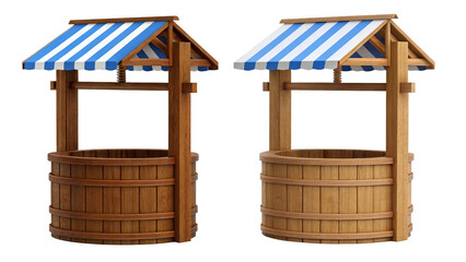 Two wooden water wells with blue and white striped roof isolated on transparent background