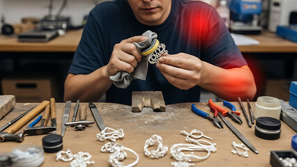 Jeweler meticulously polishing handcrafted silver jewelry at a workbench with various tools in a professional workshop.