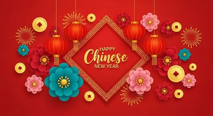 Vibrant chinese new year celebration background with traditional red lanterns, golden coins, and colorful paper flowers, framing a happy chinese new year greeting