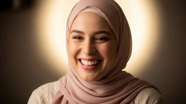 Close-up portrait of a beautiful young Muslim woman wearing a hijab, smiling warmly at the camera, with a soft, glowing light behind her, creating a halo effect.