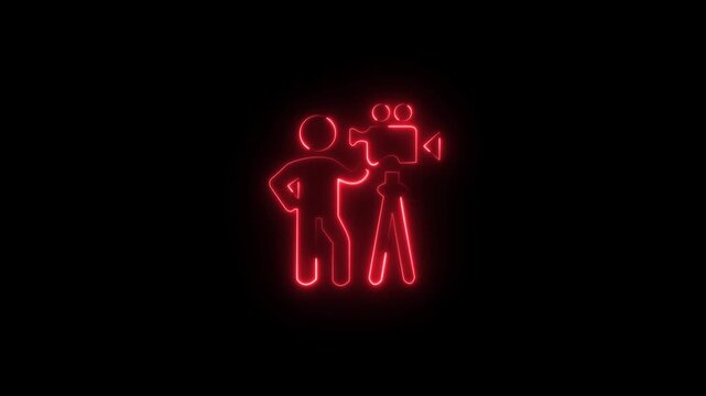 Abstract glowing neon Cameraman icon animation with dark background.Containing photo camera, photographer, video camera and photograph icon collection animation.