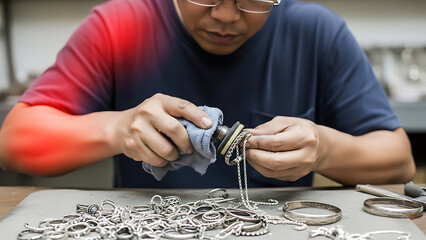 Jewelry maker with arm pain polishing silver, highlighting occupational repetitive strain injury.