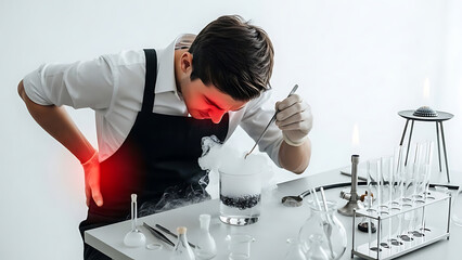 Mixologist with lower back pain preparing a smoking cocktail, emphasizing occupational health and ergonomic strain