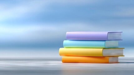 A stack of four colorful books, with covers in purple, light blue, yellow, and orange, rests on a reflective surface. The background is a soft, blurred blue, su