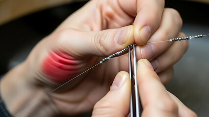 Artisan hands crafting delicate jewelry, stringing tiny beads with precision tweezers on a wire