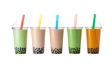 Various Bubble Tea in plastic cups isolated on transparent png