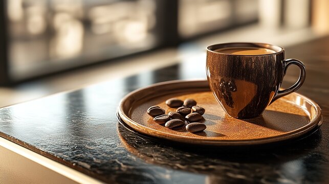 Closeup of a rich coffee cup and scattered coffee beans on a rustic wooden tray on a dark table
