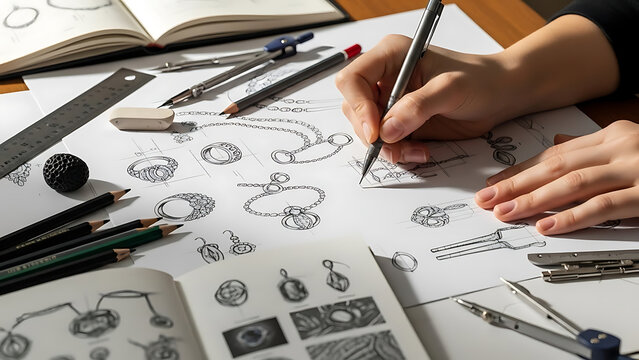Jewelry designer sketching new collection. Hands drawing intricate accessory designs on paper with pencils and drafting tools, showcasing creativity. - Powered by Adobe