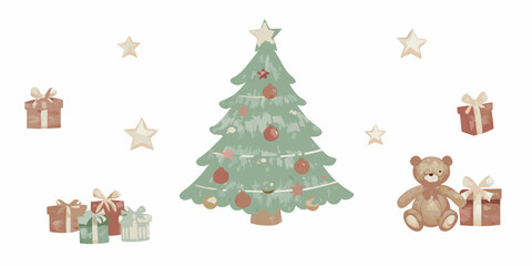Christmas tree with gifts and teddy bear illustration on white background