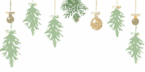Watercolor christmas ornaments and greenery hanging on white background