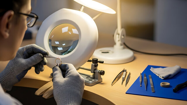 Precision craftsman repairing delicate mechanism under magnifying lamp in workshop