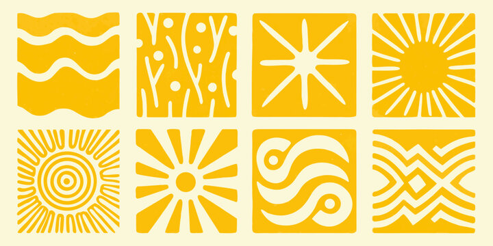 Set of eight yellow square tile patterns with various abstract designs