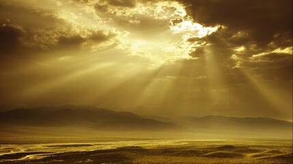 epic. Sunbeams breaking through storm clouds over a vast wilderness at golden hour. travel magazines, destination branding, designed for outdoor magazines and nature guides, inspires travel planning.