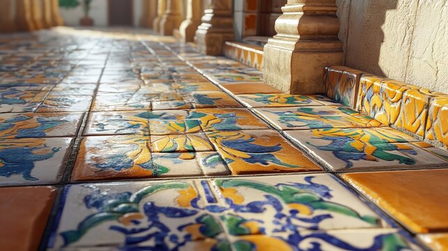 Closeup view of vibrant patterned ceramic tiles on a sunlit floor in a traditional architectural setting