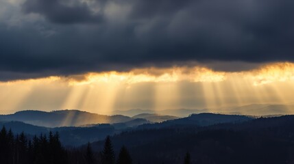 Fototapeta premium epic. Sunbeams breaking through storm clouds over a vast wilderness at golden hour. travel magazines, destination branding, designed for outdoor magazines and nature guides, inspires travel planning.