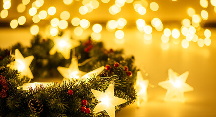 A magical Christmas wreath adorned with glowing star-shaped fairy lights against a warm, sparkling golden bokeh background