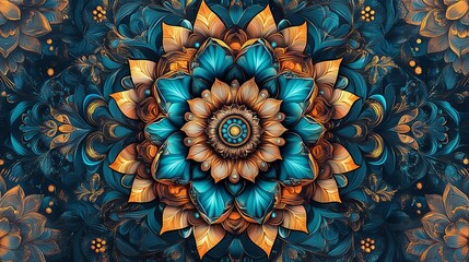 Vibrant and intricate floral mandala pattern in rich teal, gold, and deep blue tones, perfect for meditation and decorative art