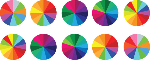 Pie chart color icons. Segment slice sign. Circle section graph.11,12,13,14,15,15,14,13,12,11 segment infographic. Pie chart set. Wheel round diagram part symbol. Three phase, six circular cycle