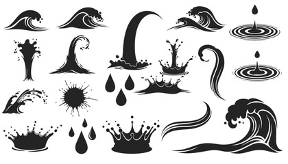 Black Silhouette Water Splashes Waves Drops and Ripples Collection vector