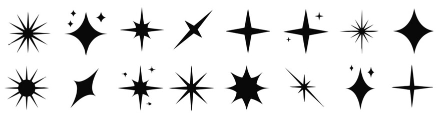Collection of Black Starburst Sparkle Shapes on White Background vector