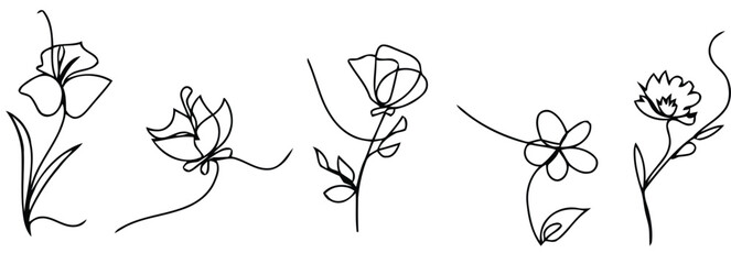 Five abstract line art flowers in black on white background drawing