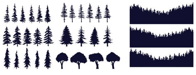 Dark blue pine trees and forest silhouettes on white background vector