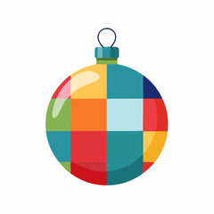 Colorful patchwork Christmas ball ornament with a geometric square pattern. A modern flat vector for festive holiday decoration, isolated on a white background