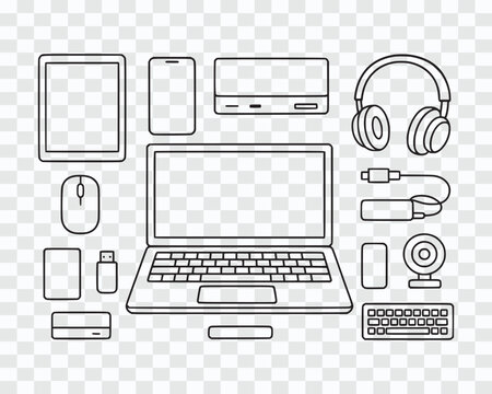Line Art Collection of Computer Peripherals and Accessories