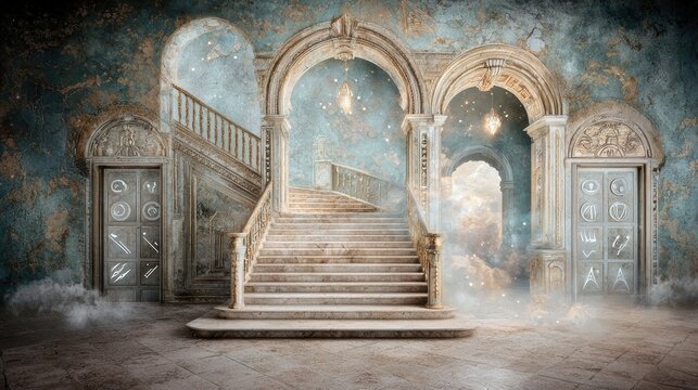 An ornate, aged stone staircase with grand arches and doors, bathed in soft, ethereal light and wisps of smoke, suggesting a mystical or otherworldly setting.