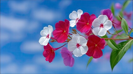 A cluster of impatiens flowers in shades of pink, white, and magenta bloom against a bright blue sky with soft white clouds. The image captures the delicate pet