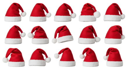 Set of classic red santa hats for holiday decor and festive winter celebrations