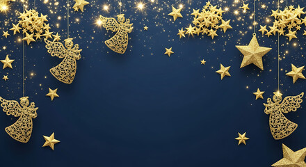 Festive golden angels and stars adorning a deep blue background with twinkling lights, creating a magical holiday atmosphere
