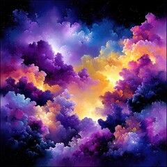 A surreal and vibrant cosmic scene featuring swirling nebula clouds in shades of purple, blue, and orange, illuminated by a bright yellow light and dotted with
