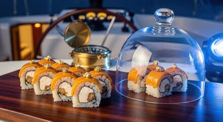 Japaneese cheesecake Exquisite sushi platter featuring fresh salmon rolls adorned with edible gold leaf, elegantly presented on a wooden board with a glass dome.