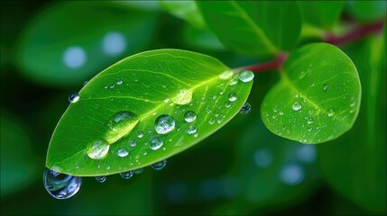 A close-up macro shot of a vibrant green leaf covered in numerous clear water droplets. One large droplet is about to fall from the edge of the leaf. The backgr