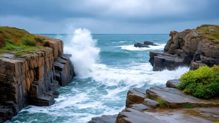 Ocean waves crashing against rugged coastal cliffs
