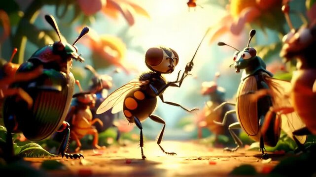 Animated bugs perform a play outdoors, set against blurred flowers, for entertainment