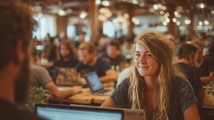 young couple working with laptop in cafe