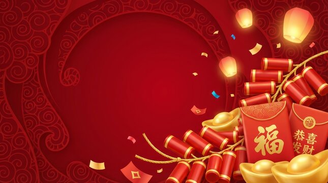 Chinese Firecrackers, Gold Ingots and Red Envelopes 3D on Red Background