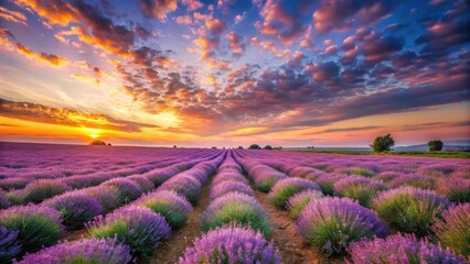 Serene Lavender Field at Sunset Rows of Purple Blossoms Basking in Golden Light Under a Dramatic Sky