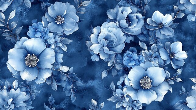 Seamless pattern of blue roses and leaves on a dark blue textured background, floral design