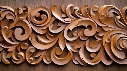 A detailed close-up of an ornate wooden border featuring elaborate swirling floral patterns and acanthus leaves, illuminated by warm, soft lighting.