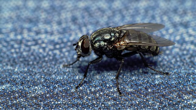 Close-up of a housefly on a textured blue surface; for insect, nature, scientific, and educational use