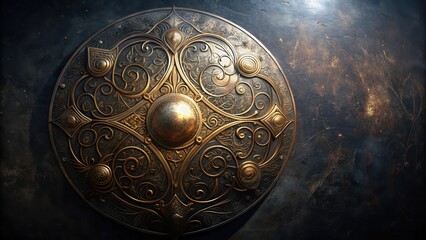 Ornate Circular Shield with Intricate Gold Filigree and Dark Background