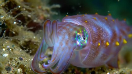 Colorful cuttlefish underwater, showcasing intricate details and iridescent eye, perfect for marine science